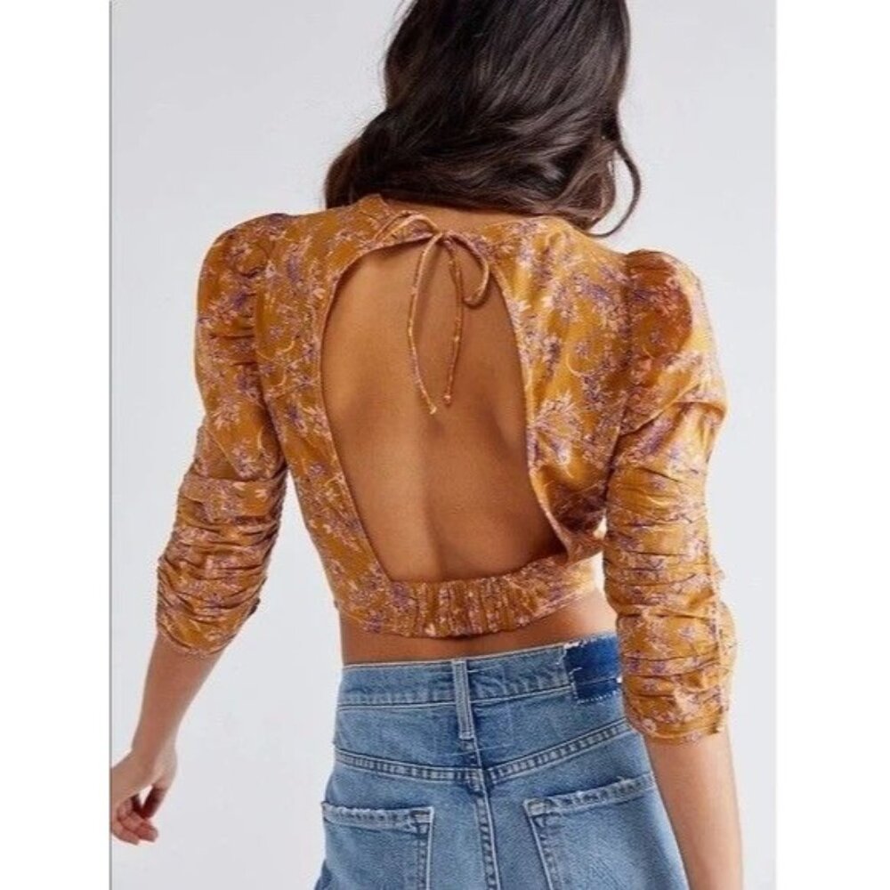 Free People MONICA Golden Floral Puff Sleeve Tie-Back Blouse Women's Sz L - Picture 4 of 10